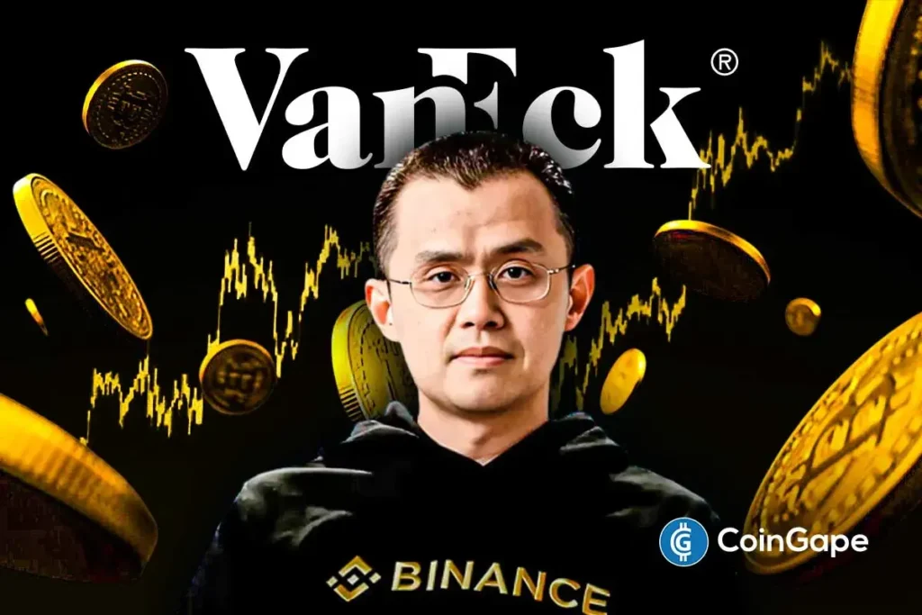 Binance Founder CZ Says ‘Super Cycle’ Incoming as VanEck Unveils $2.9M Bitcoin Target an image of CZ and VanEck's logo to represent the Bitcoin prediction