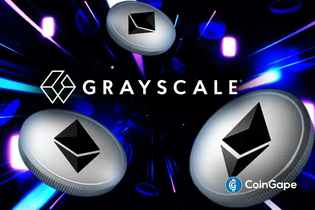 Grayscale Distributes Ethereum Staking Rewards, ETF Inflows Rise Grayscale logo surrounded by Ethereum coins, highlighting staking rewards and renewed investor confidence in Ethereum ETF inflows.