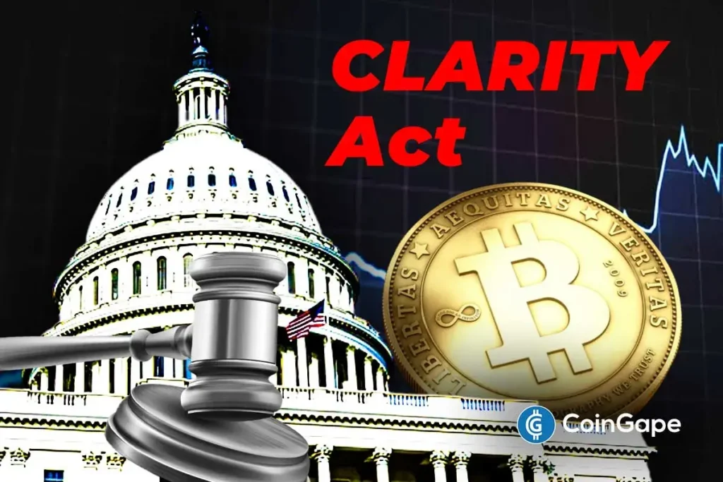 Institutional Bitcoin Futures Activity Climbs on CLARITY Act Markup U.S. Capitol and gavel appear beside Bitcoin symbol as CLARITY Act advances, shaping rules for Bitcoin futures markets