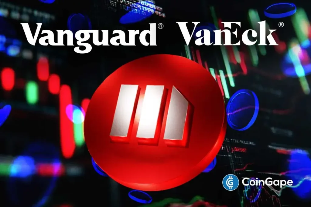 Vanguard and VanEck logos shown as institutional investors increase exposure to MSTR amid growing bullish sentiment