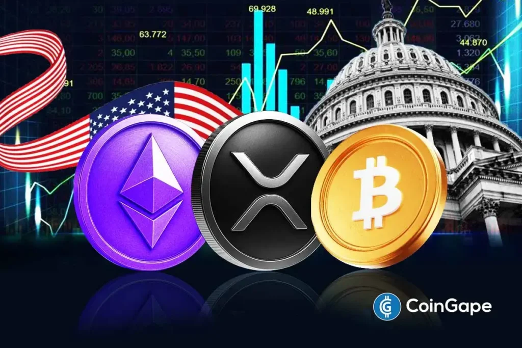 Ethereum, XRP, and Bitcoin symbols appear as traders assess potential market impact of a U.S. crypto structure bill decision.