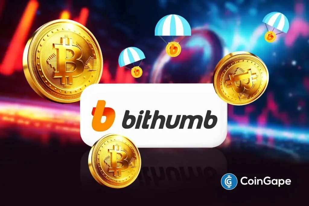 Bithumb logo with Bitcoin coins and airdrop graphics showing BTC distribution error impact on crypto prices.