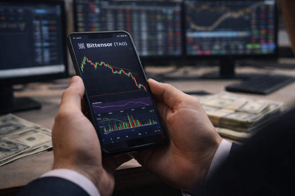 Bittensor price forecast as TAO hits $200 resistance amid Upbit listing An investor holds a smartphone displaying a cryptocurrency candlestick chart while monitoring markets at a trading desk.