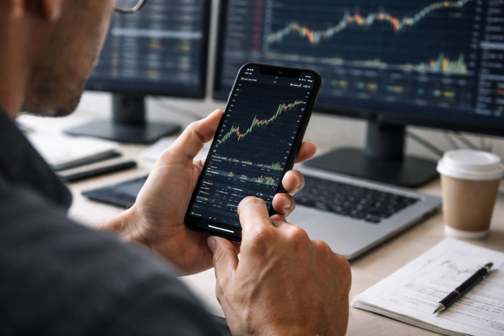 Cosmos (ATOM) forecast as $2 flips into key support A trader analyzes a financial price chart on a smartphone while multiple market charts display on monitors in the background.