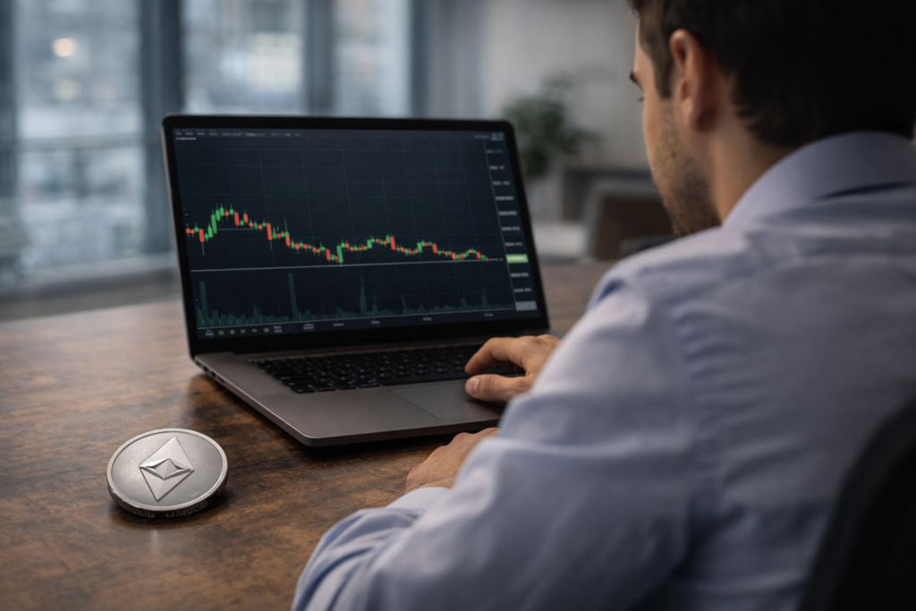 Ethereum price prediction amid aggressive whale accumulation near $2k A man looks at a laptop displaying a cryptocurrency price chart, with an Ethereum coin placed on the desk beside him.