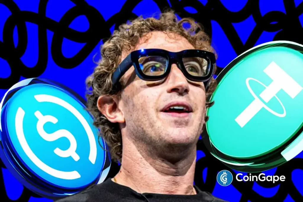 Mark Zuckerberg’s Meta Reportedly Eyes Stablecoin Integration This Year an image of Meta logo and Mack Zuckerberg