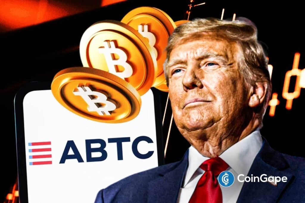 Trump-Backed American Bitcoin Reserves Surpass 6,000 BTC, Now Worth $425.82M an image of Trump and the American Bitcoin logo to represent the ABTC stock
