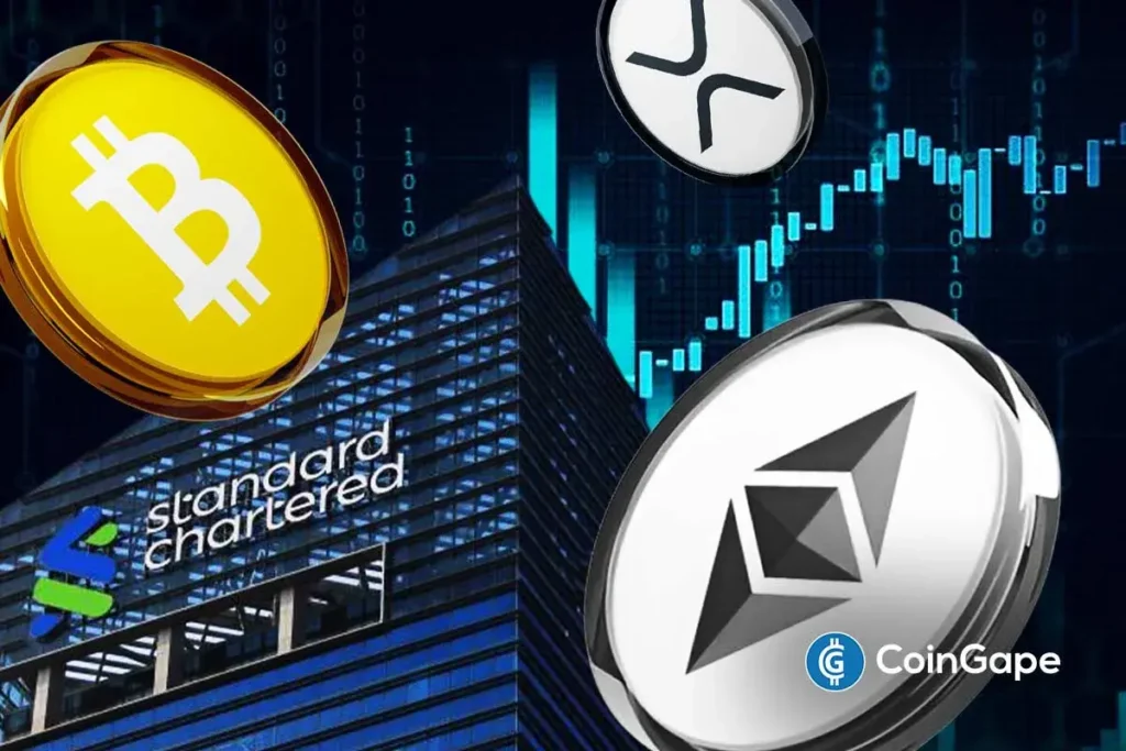 XRP Tops BTC, ETH in Institutional Flows As Standard Chartered Lowers 2026 XRP Forecasts Standard Chartered building with Bitcoin, Ethereum, and XRP tokens after XRP forecast downgrade and institutional flow shift