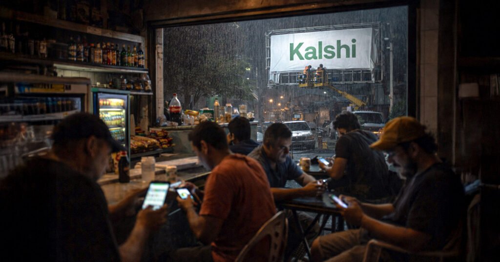 People using betting apps on smartphones inside a bar as a Kalshi billboard is installed outside in the rain, symbolizing the platform’s Brazil launch amid a national gambling addiction crisis