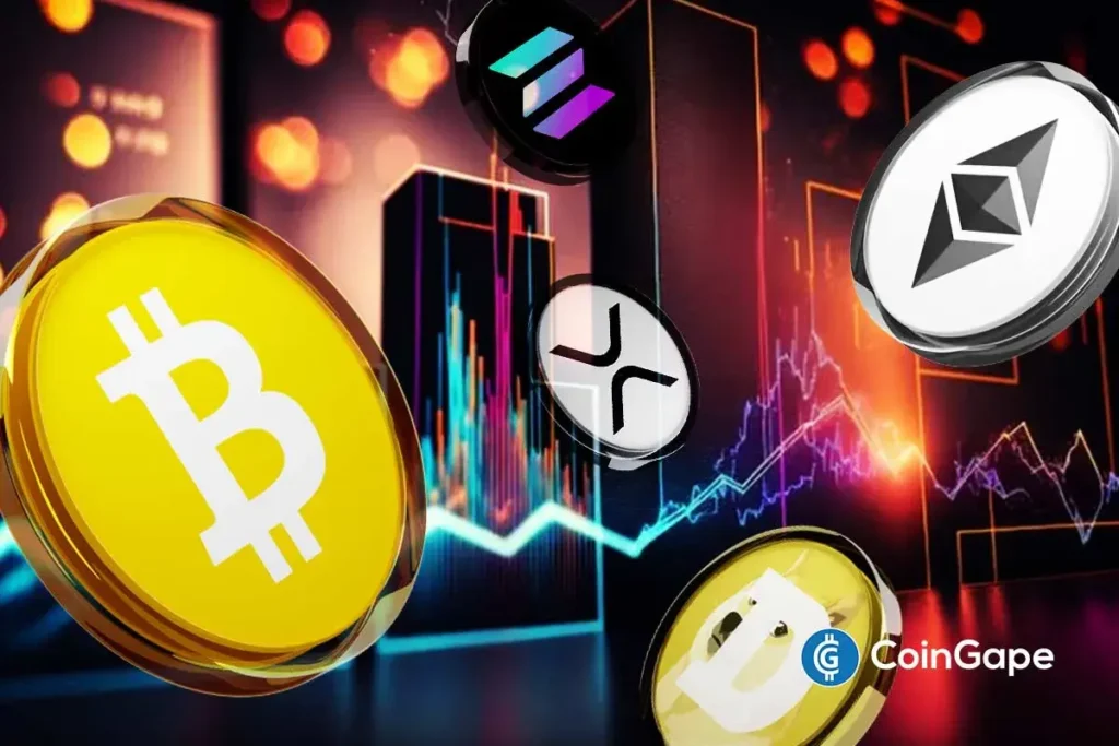 Bitcoin, Ethereum, XRP and Solana coins over charts as crypto market declines amid macro uncertainty.